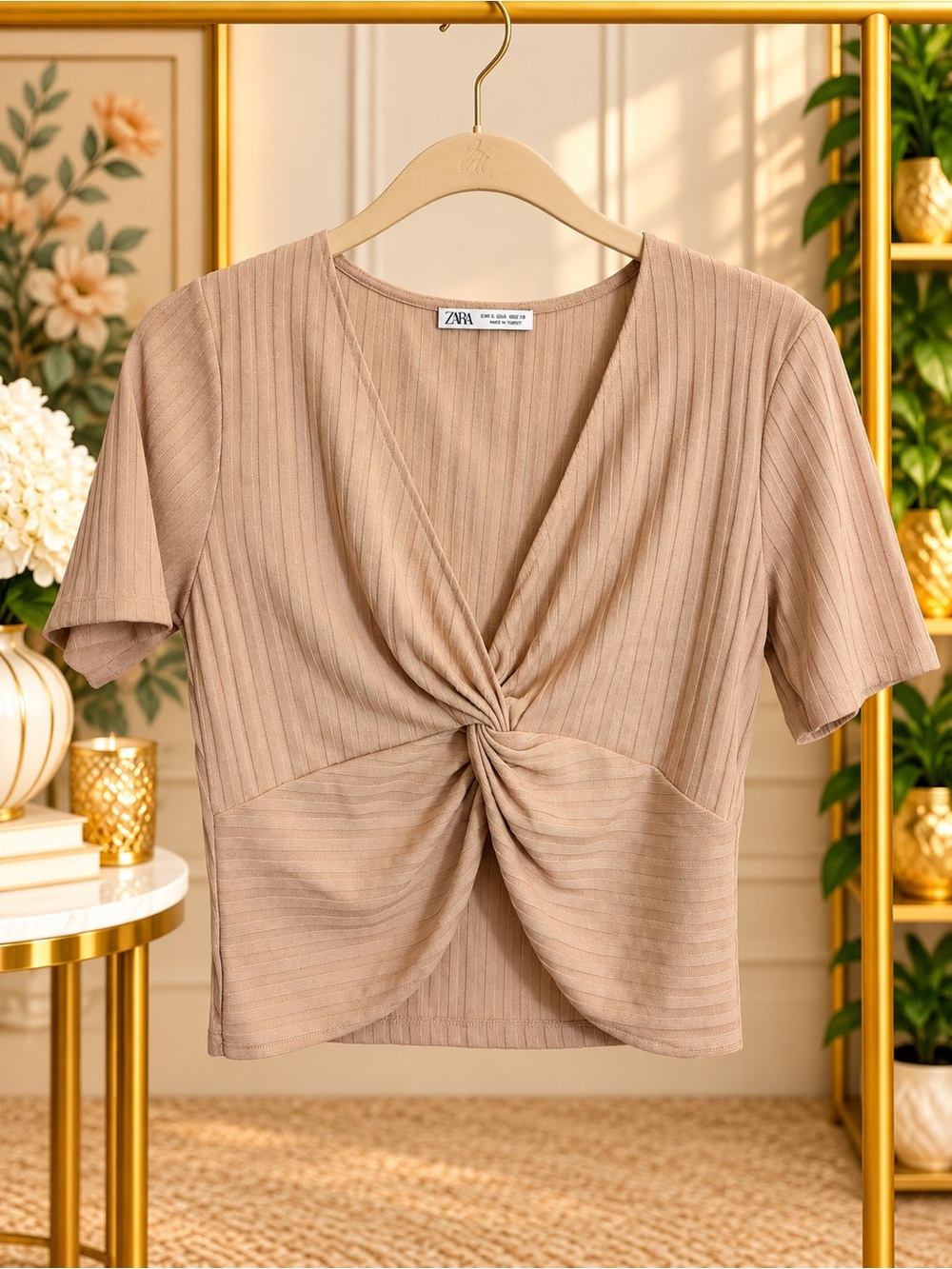 Zara Beige Ribbed Twist Front V-Neck Short Sleeve Crop Top Size M